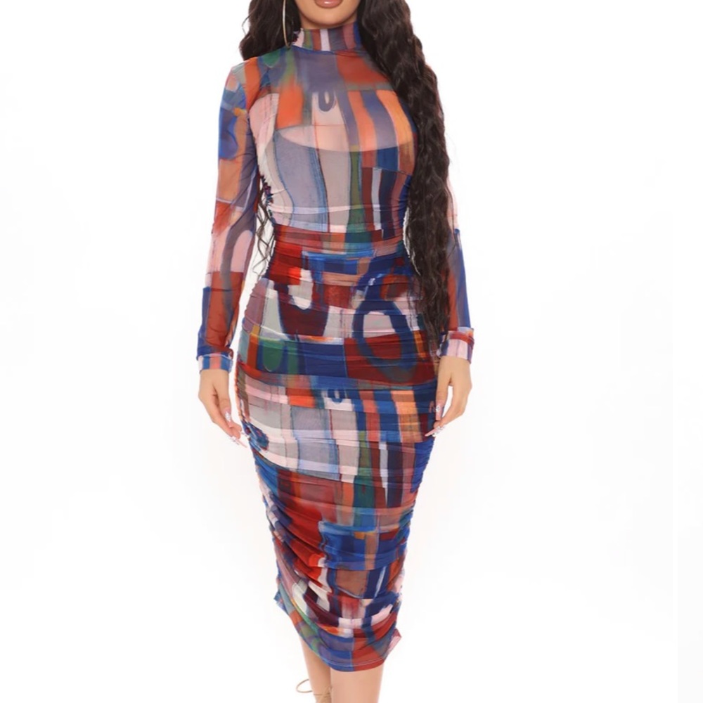 Fashion Nova Mesh It Up Ruched MIDI Dress